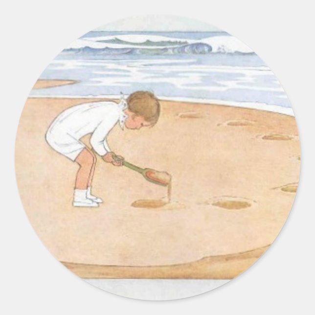 At the Seaside Vintage Illustration Classic Round Sticker (Front)