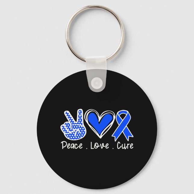 Ataxia Awareness Month Blue Ribbon Peace Love Cure Keychain (Front)
