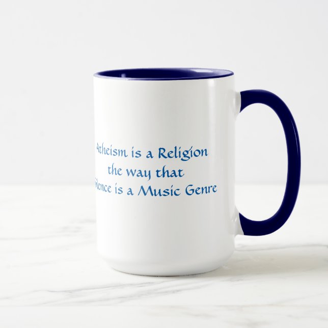 Atheism is a religion like silence is music genre mug (Right)