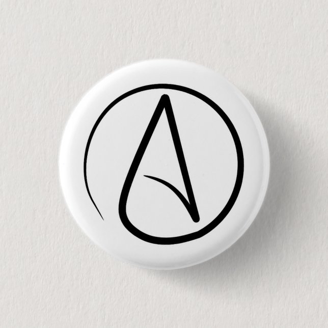 Atheism symbol: black on white 1 inch round button (Front)
