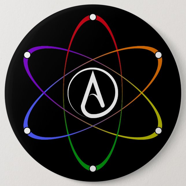 Atheist Atom Symbol Rainbow White 6 Inch Round Button (Front)