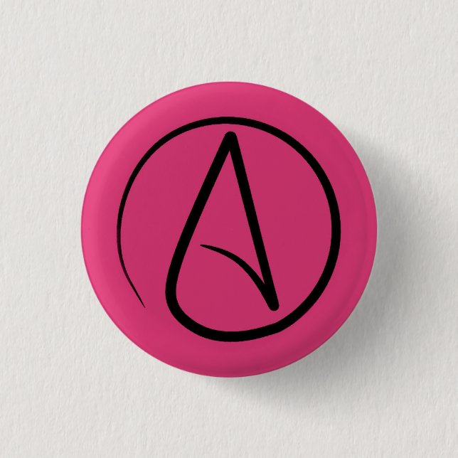 Atheist symbol: black on fuchsia 1 inch round button (Front)