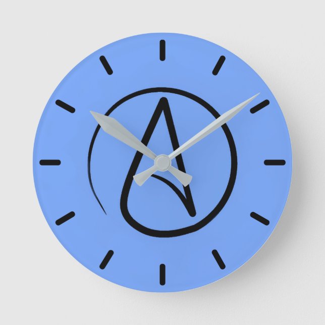 Atheist symbol: black on light blue round clock (Front)