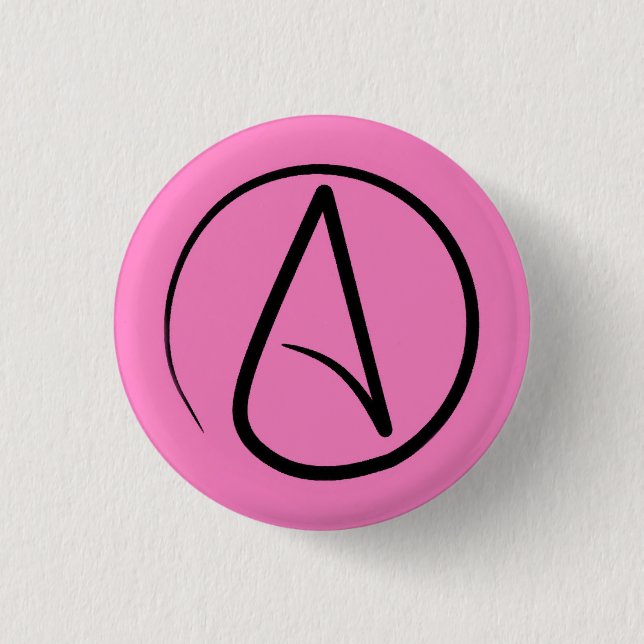 Atheist symbol: black on light pink 1 inch round button (Front)