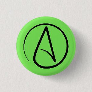Atheist symbol: black on lime green 1 inch round button