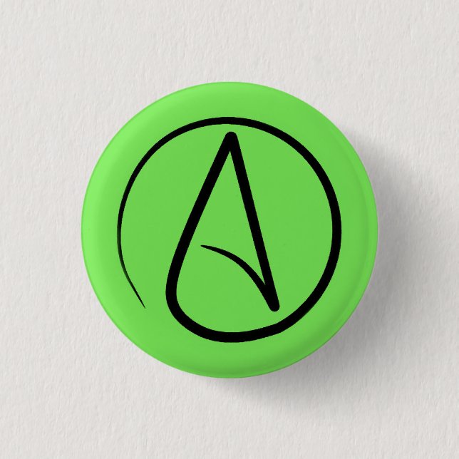 Atheist symbol: black on lime green 1 inch round button (Front)