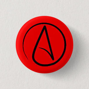 Atheist symbol: black on red 1 inch round button
