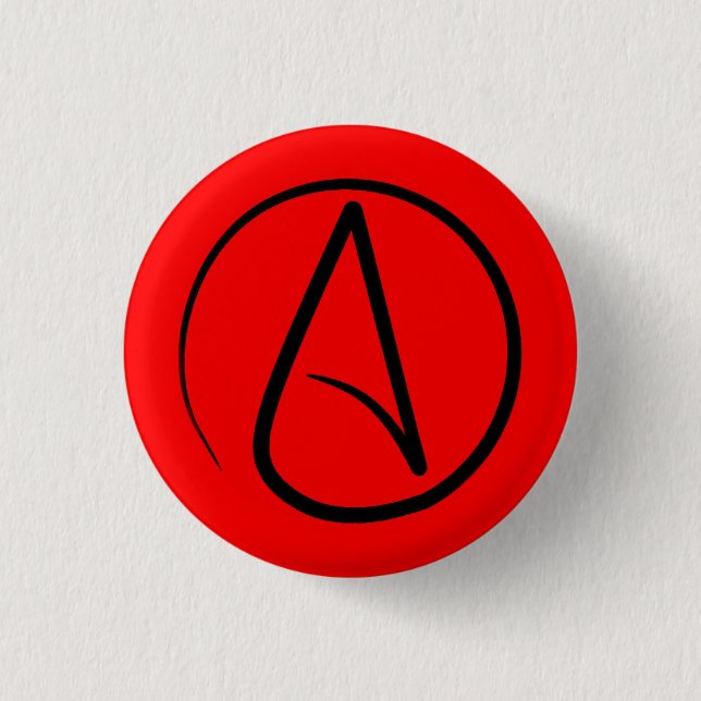 Atheist symbol: black on red 1 inch round button (Front)