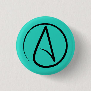Atheist symbol: black on verdigris 1 inch round button
