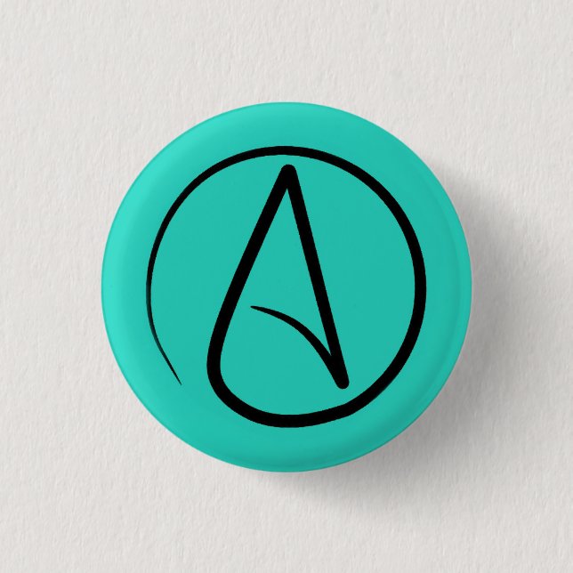 Atheist symbol: black on verdigris 1 inch round button (Front)