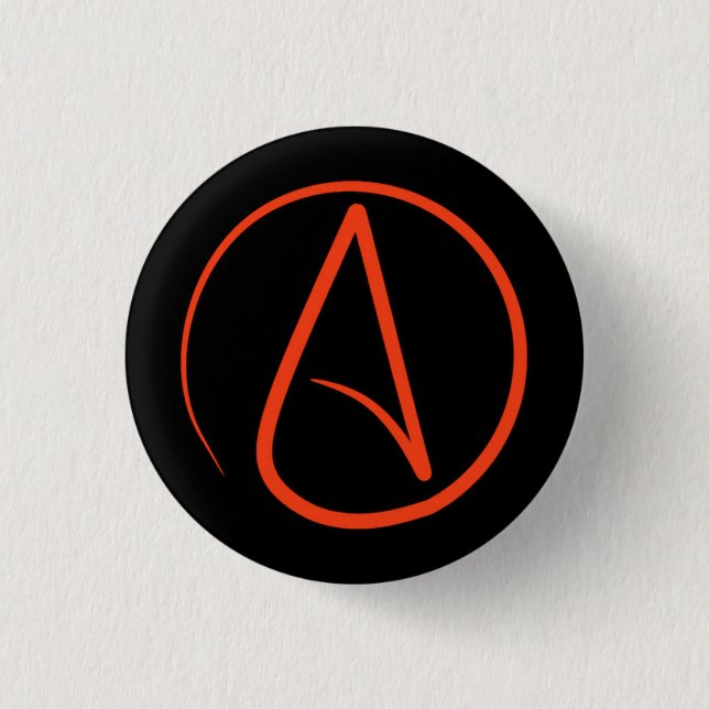 Atheist symbol: orange on black 1 inch round button (Front)