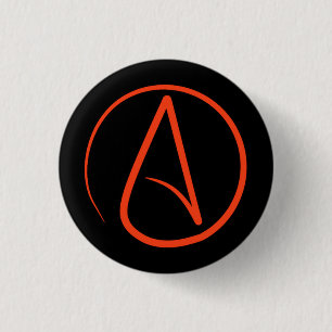 Atheist symbol: orange on black 1 inch round button