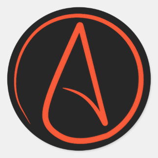 Atheist symbol: orange on black classic round sticker