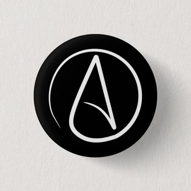 Atheist symbol: white on black 1 inch round button (Front)