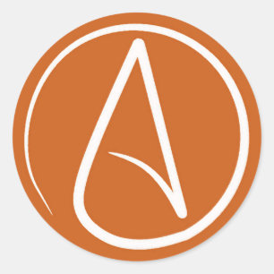 Atheist symbol: white on burnt orange classic round sticker