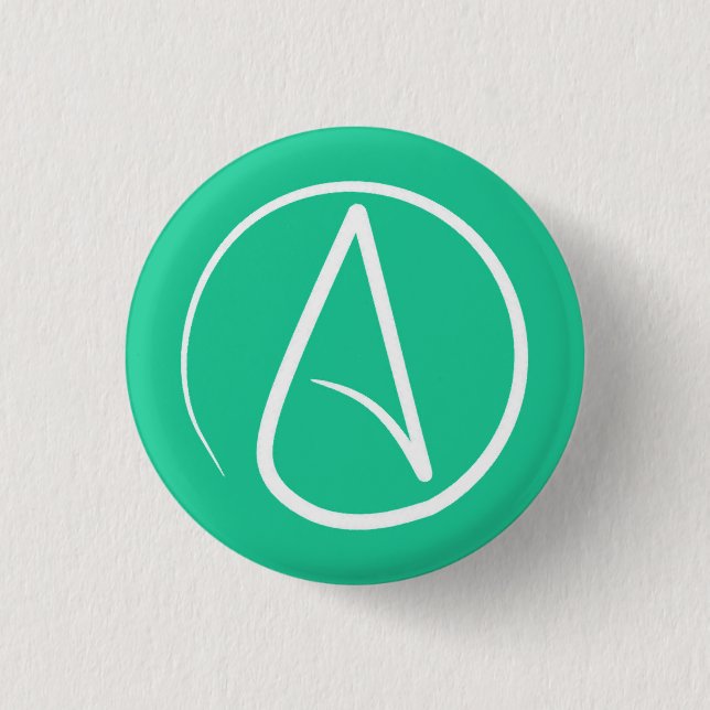 Atheist symbol: white on mint green 1 inch round button (Front)