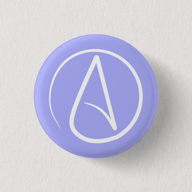 Atheist symbol: white on periwinkle 1 inch round button (Front)