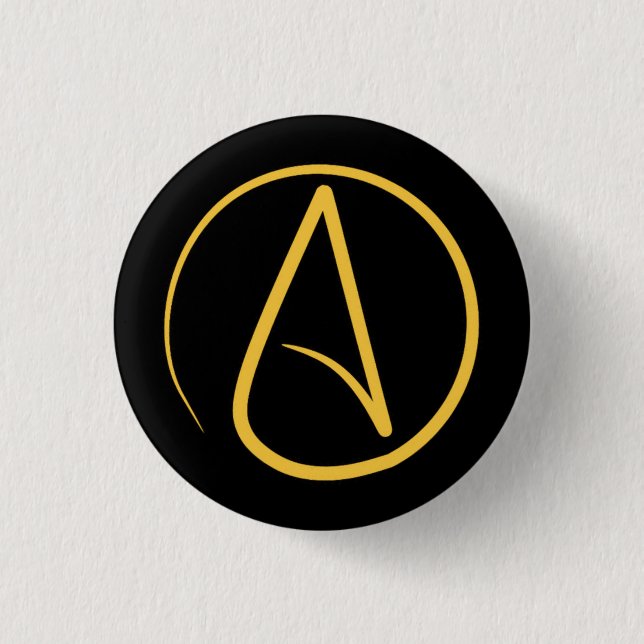 Atheist symbol: yellow on black 1 inch round button (Front)