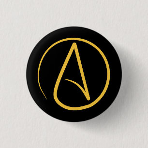 Atheist symbol: yellow on black 1 inch round button