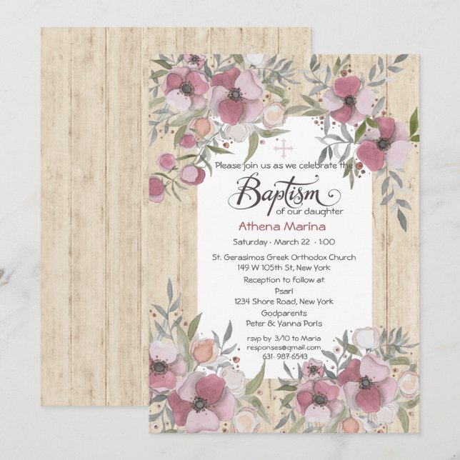 Athena Wood Baptism Invitation (Front/Back)