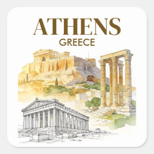 Athens Greece Acropolis Watercolor Sketch Custom Square Sticker