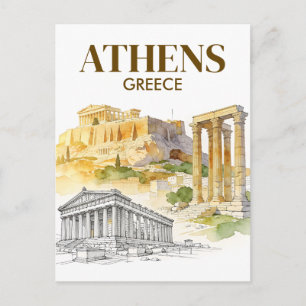 Athens Greece Acropolis Watercolor Sketch Travel Postcard