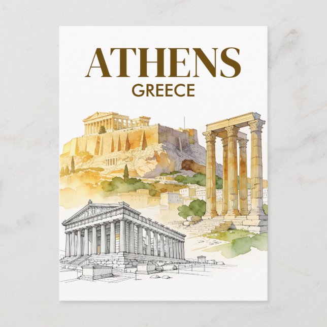 Athens Greece Acropolis Watercolor Sketch Travel Postcard (Front)