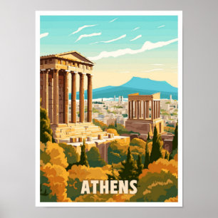 Athens Greece Art Vintage Travel Illustration Poster
