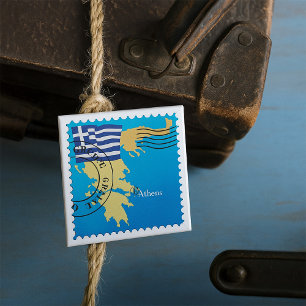 Athens Greece Travel Stamp Greek Flag and Map 2 Inch Square Button