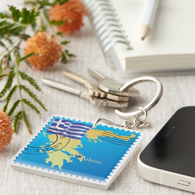 Athens Greece Travel Stamp Greek Flag and Map  Keychain (Creator Uploaded)