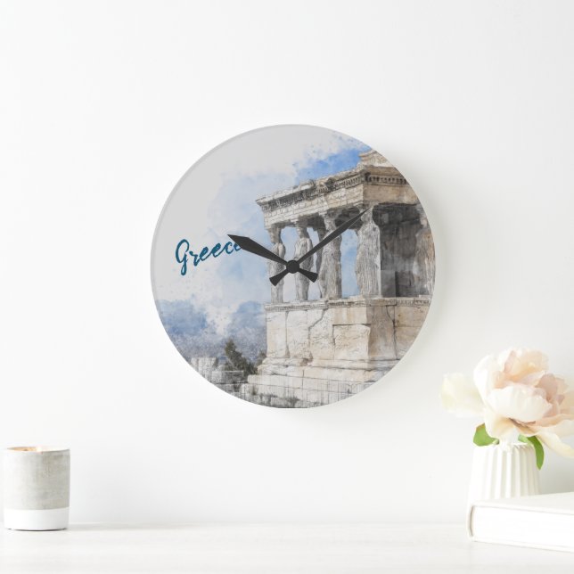Athens Greece Wall Clock - Watercolor Parthenon  (Home)