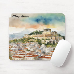 Athens Greece Watercolor Painting Panorama View Mouse Pad