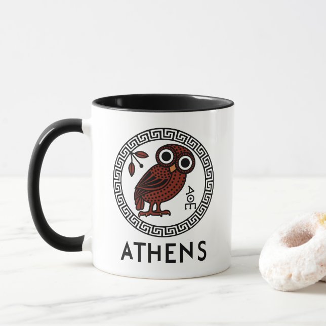 Athens, Greece with Athenian Owl & Meander Pattern Mug (With Donut)