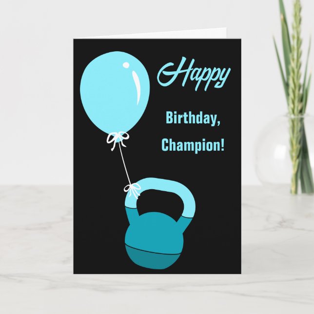 Athlete Kettlebell Balloon Happy Birthday Champion Card (Front)