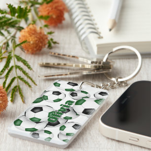 athlete name cluster of green black soccer balls keychain