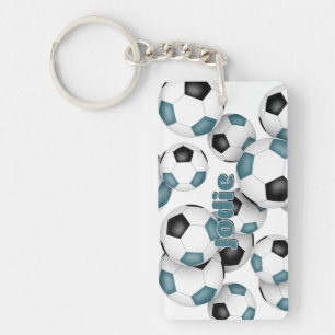 athlete name cluster of teal black soccer balls keychain