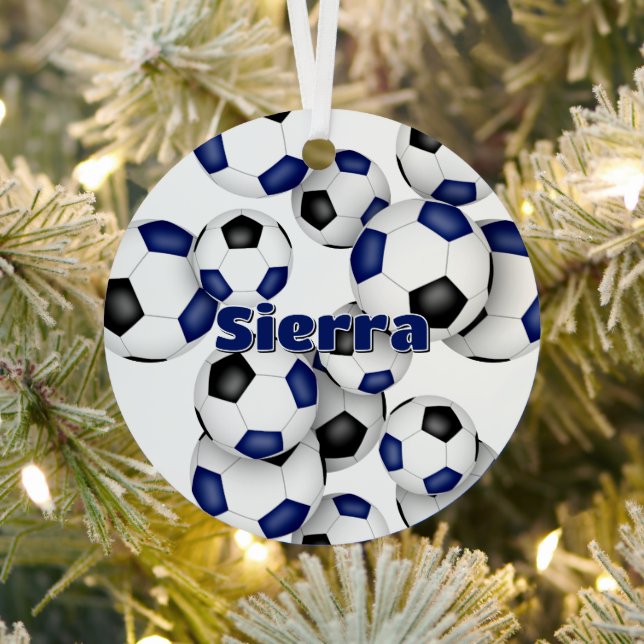 athlete name on blue black soccer balls keepsake metal ornament (Insitu)