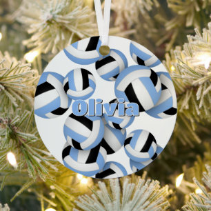 athlete name on lt blue black volleyballs keepsake metal ornament