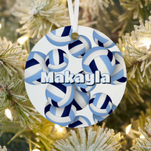 athlete name on lt blue navy volleyballs keepsake metal ornament
