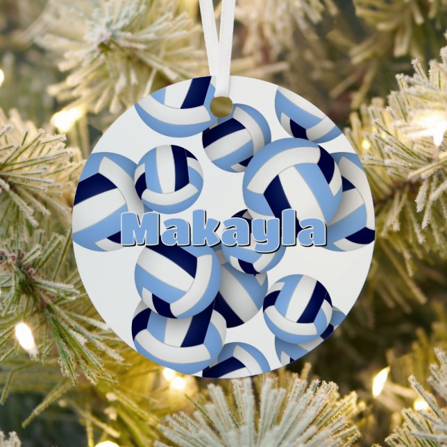 athlete name on lt blue navy volleyballs keepsake metal ornament (Insitu)
