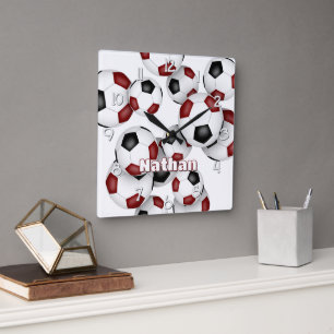 athlete name on maroon black soccer balls cluster square wall clock
