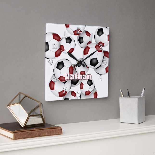 athlete name on maroon black soccer balls cluster square wall clock (Office)