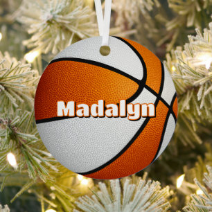 athlete name on orange white basketball metal ornament