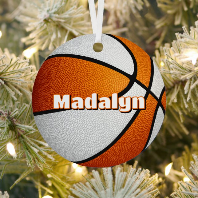athlete name on orange white basketball metal ornament (Insitu)