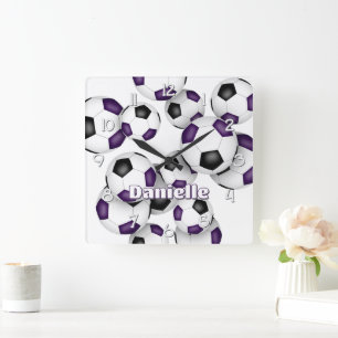 athlete name on purple soccer balls cluster square wall clock