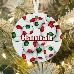 athlete name on red green soccer balls keepsake metal ornament
