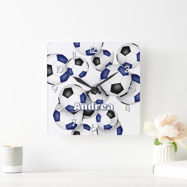 athlete name sports blue black soccer balls square wall clock (Home)