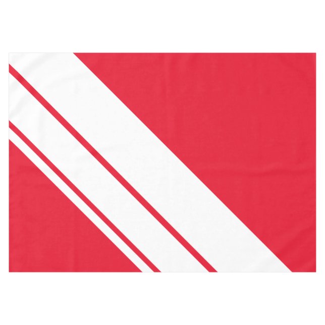 Athletic Bright Red White Diagonal Racing Stripes Tablecloth (Front (Horizontal))