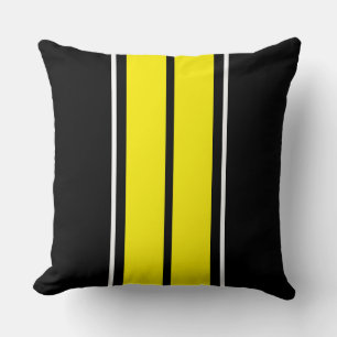 Athletic Bright Yellow Black White Racing Stripes Throw Pillow