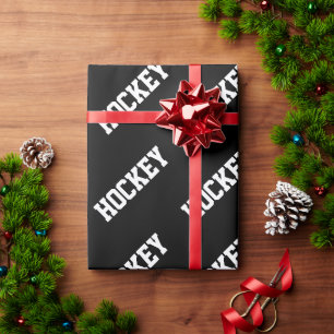 Athletic Diagonal White HOCKEY Text On Black Wrapping Paper